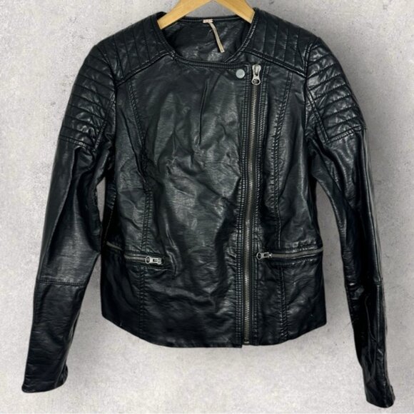 Free People Quilted Vegan Collarless Leather Jacket Black Size 4 Moto Biker Coat - Picture 3 of 15